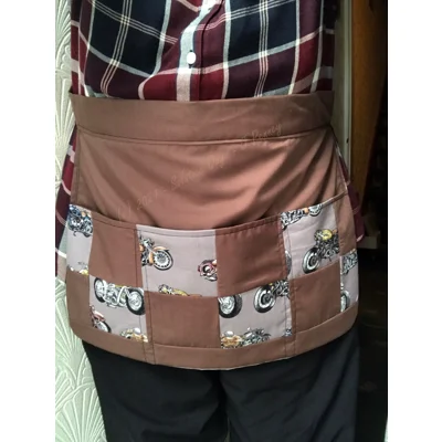 Brown Motorcycle Print Utility Apron: Patchwork Cotton, Tie Waist Pinny - Handmade
