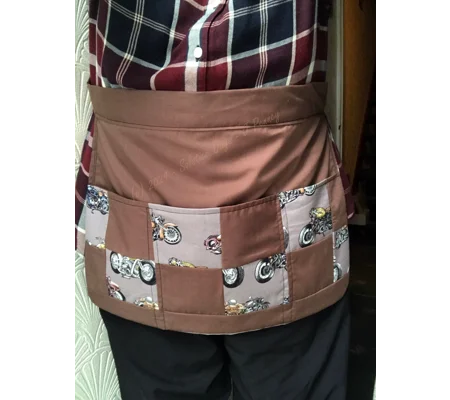 Brown Motorcycle Print Utility Apron: Patchwork Cotton, Tie Waist Pinny - Handmade