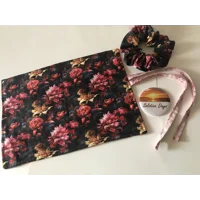 Black Floral Scrunchie, Pink Cotton Handmade Hair Tie - Yorkshire