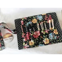 Floral Scrunchie, Handmade Hair Accessory, Black Polka Dot Headband, Makeup Brush Roll