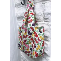 Lined Shopping Bag, White Floral Print Cotton Handmade Eco-Friendly Tote