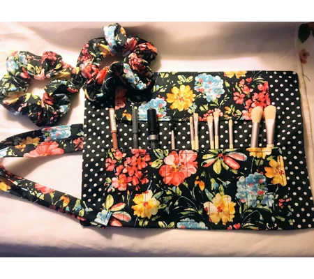 Floral Scrunchie, Handmade Hair Accessory, Black Polka Dot Headband, Makeup Brush Roll
