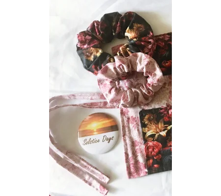 Black Floral Scrunchie, Pink Cotton Handmade Hair Tie - Yorkshire