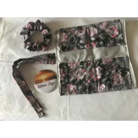 Floral Makeup Brush Roll: Grey Roses Cotton Storage Case, Handmade in Yorkshire