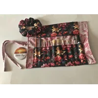 Black Floral Scrunchie, Pink Cotton Handmade Hair Tie - Yorkshire