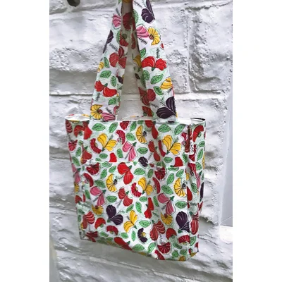 Lined Shopping Bag, White Floral Print Cotton Handmade Eco..