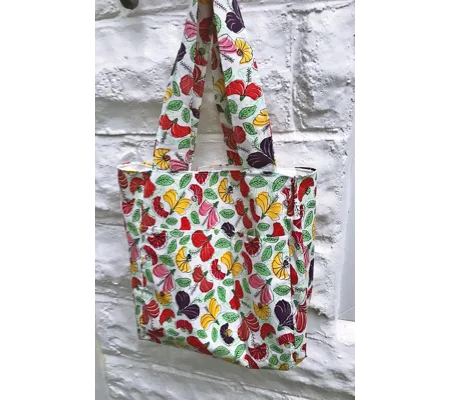 Lined Shopping Bag, White Floral Print Cotton Handmade Eco-Friendly Tote