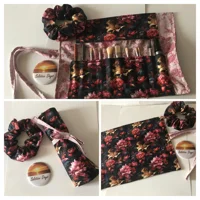 Black Floral Scrunchie, Pink Cotton Handmade Hair Tie - Yorkshire