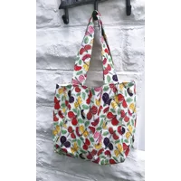 Lined Shopping Bag, White Floral Print Cotton Handmade Eco-Friendly Tote