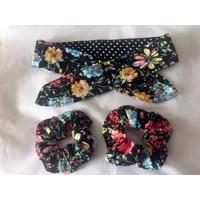 Floral Scrunchie, Handmade Hair Accessory, Black Polka Dot Headband, Makeup Brush Roll