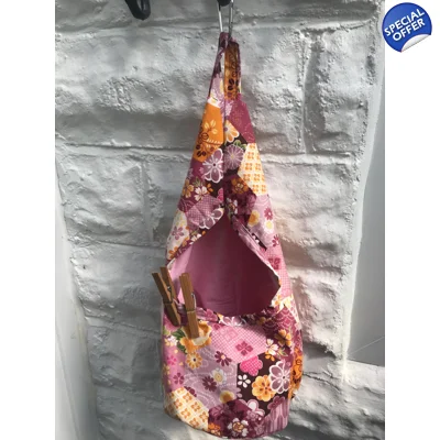 Pink Hexagon Cotton Peg Bag, Lined Storage Bag for Pegs, handmade in Yorkshire