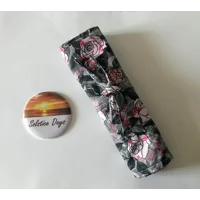 Floral Makeup Brush Roll: Grey Roses Cotton Storage Case, Handmade in Yorkshire