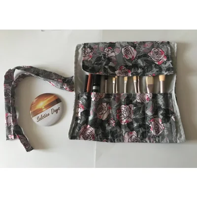 Floral Makeup Brush Roll: Grey Roses Cotton Storage Case, ..