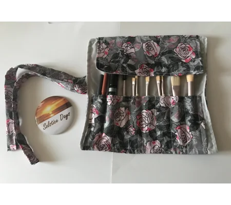 Floral Makeup Brush Roll: Grey Roses Cotton Storage Case, Handmade in Yorkshire