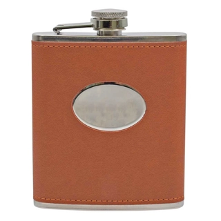 PU Leather 7oz hip flask Tan with oval..