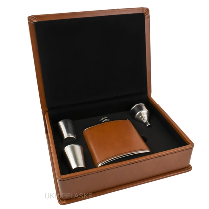 Hip Flask Gift Set - PU Leather - Tan