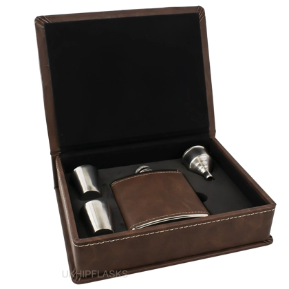 Hip Flask Gift Set - PU Leather - Dark Brown