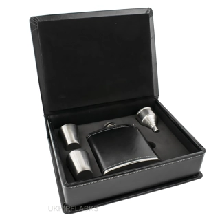 Hip Flask Gift Set - PU Leather - (Bla..