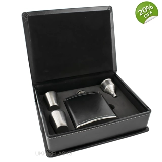 Hip Flask Gift Set - PU Leather - (Bla..
