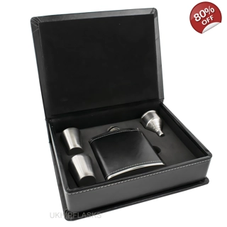 Hip Flask Gift Set - PU Leather - (Bla..