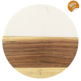Marble and Acacia Coaster - White - Ro..