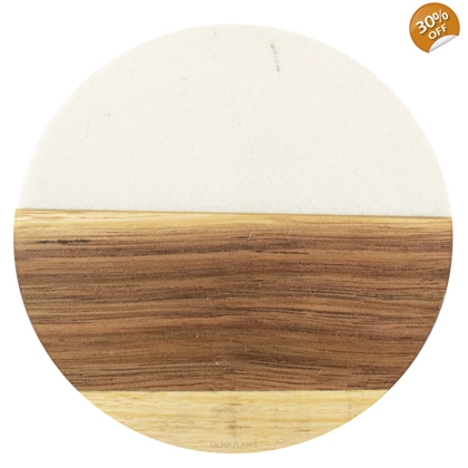 Marble and Acacia Coaster - White - Round