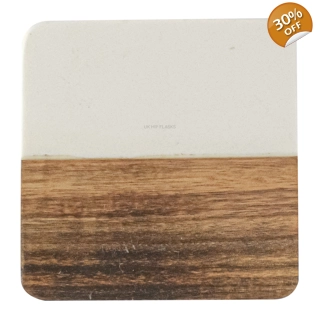 Marble and Acacia Coaster - White - Sq..