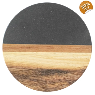 Marble and Acacia Coaster - Black - Ro..