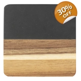 Marble and Acacia Coaster - Black - Sq..