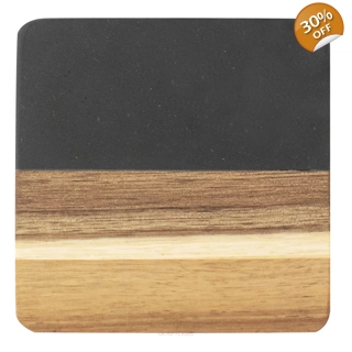 Marble and Acacia Coaster - Black - Sq..