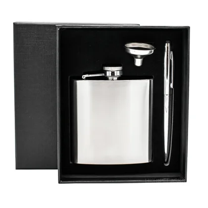 Hip Flask in Black Gift Box With Pen - 6oz - Steel
