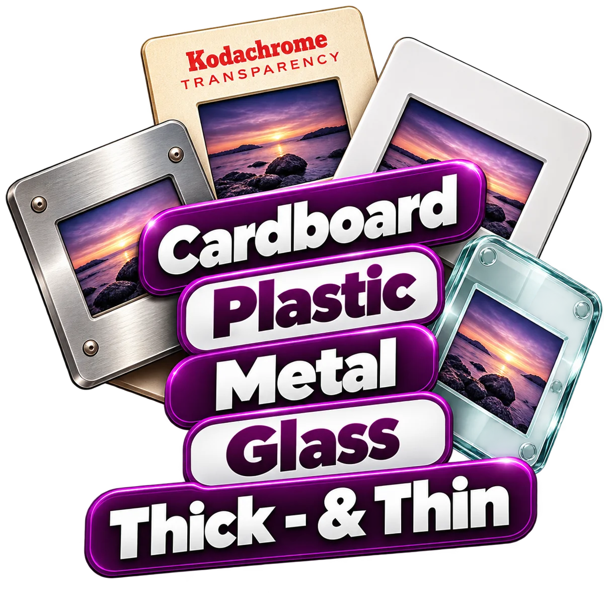 Cardboard, plastic, metal and glass slide formats accepted for scanning
