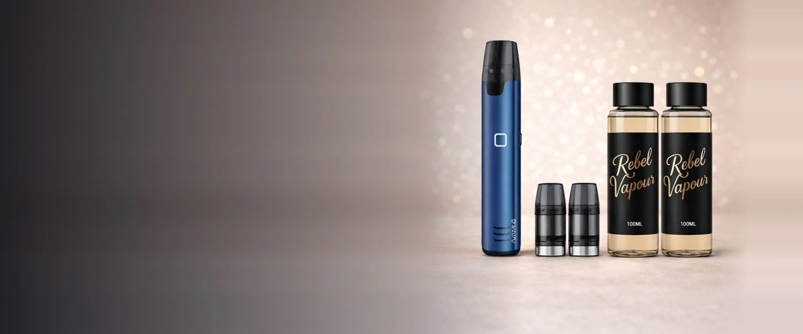 Blue Avatar GO pod kit with two Rebel Vapour 100ml bottles