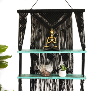 Black Macrame Hanging Shelves-Turquoise