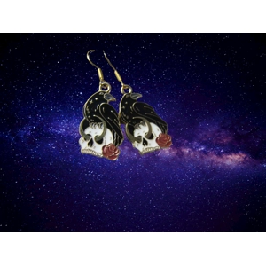 Gold Enamel Crow on Skull Gothic Style Earrings