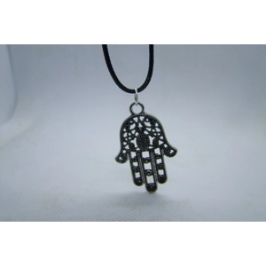 Black Leather and Metal Hamsa Hand Necklace