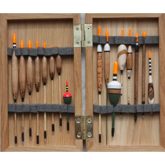 Handmade Avon floats set displayed in wooden float box with traditional fishing floats