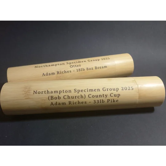 custom inscription on bamboo fishing float tubes - fishing club prize winners details