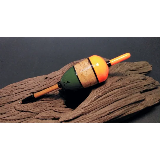 A handmade cork pike live bait float with large fluro orange tip for extra visibility
