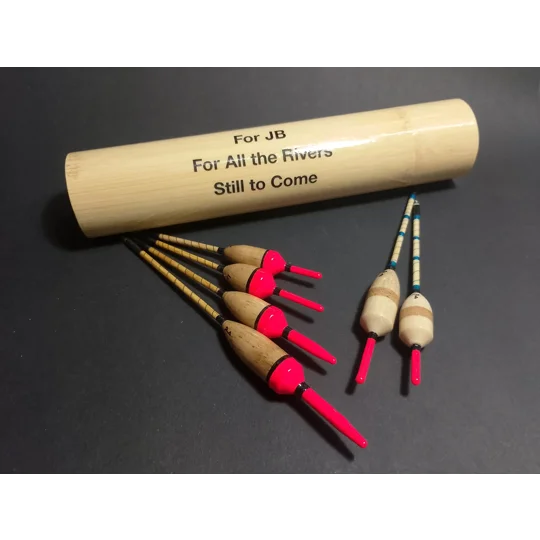 Personalised bamboo fishing float tube with handmade perch bob floats, created as a traditional angling gift - suitable even for Chris Yates