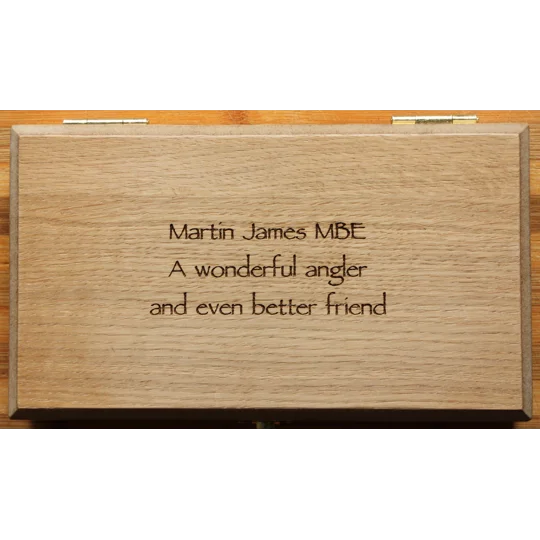 Martin James M.B.E. custom personalised laser engraved oak fishing float box present