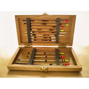 handmade oak fishing float box showing goose quill and Norfolk reed floats by Ian Lewis