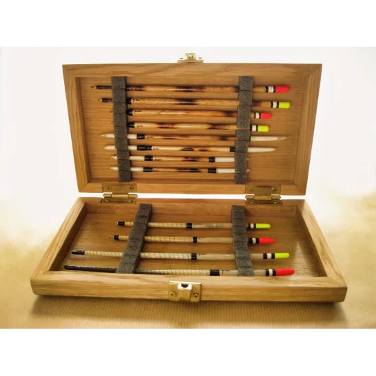handmade oak fishing float box showing goose quill and Norfolk reed floats by Ian Lewis