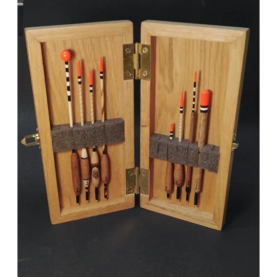 oak presentation box with ian lewis floats held using float foam for retirement present