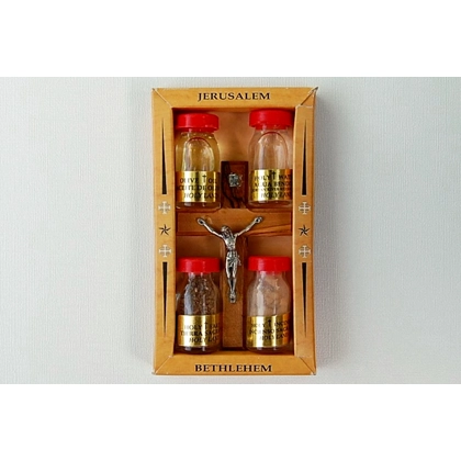 Olive Wood Crucifix with Four Bottles from Holy Land