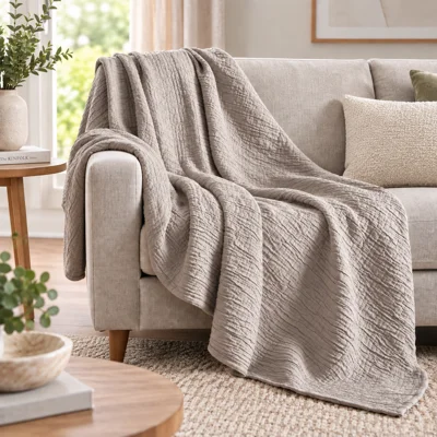 Textured Muslin Cotton Throwover Warm Grey