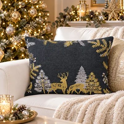Stag Embroidered Boudoir Cushion Pewter