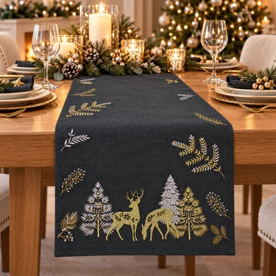 Stag Embroidered Table Runner Pewter