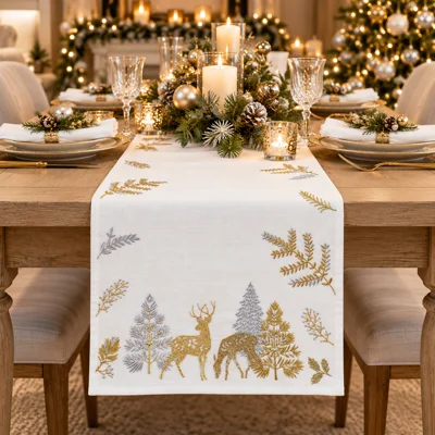 Stag Embroidered Table Runner White