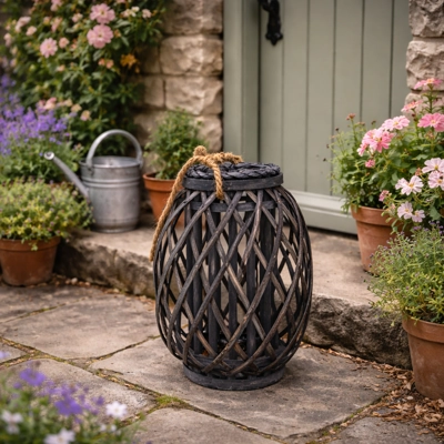 Black Washed Wicker Lantern Small